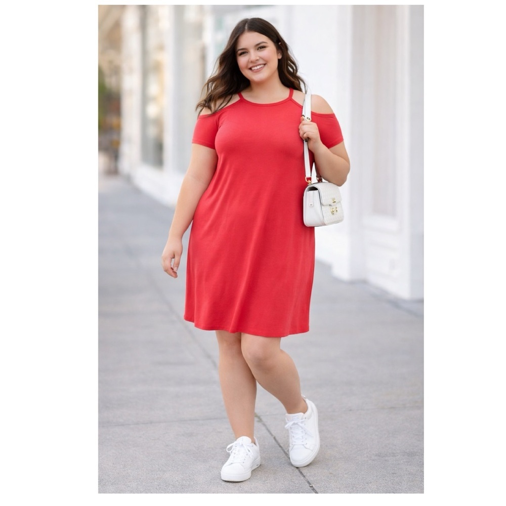 TORRID Super Soft Cold Shoulder Mini Dress‎ Bright Berry Red Sz 1X Vacation - Picture 5 of 14